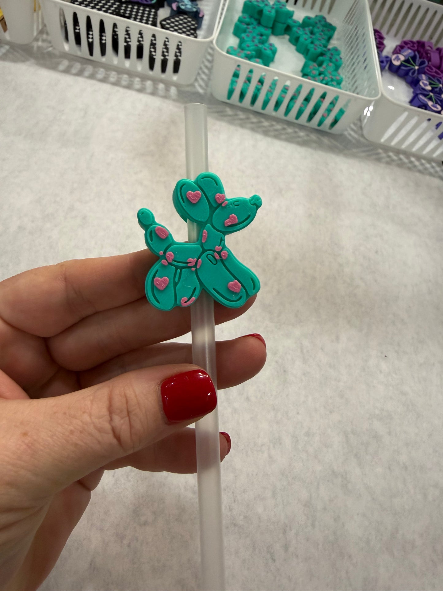 3D Printed Teal with Pink Hearts Balloon Dog Straw Charm