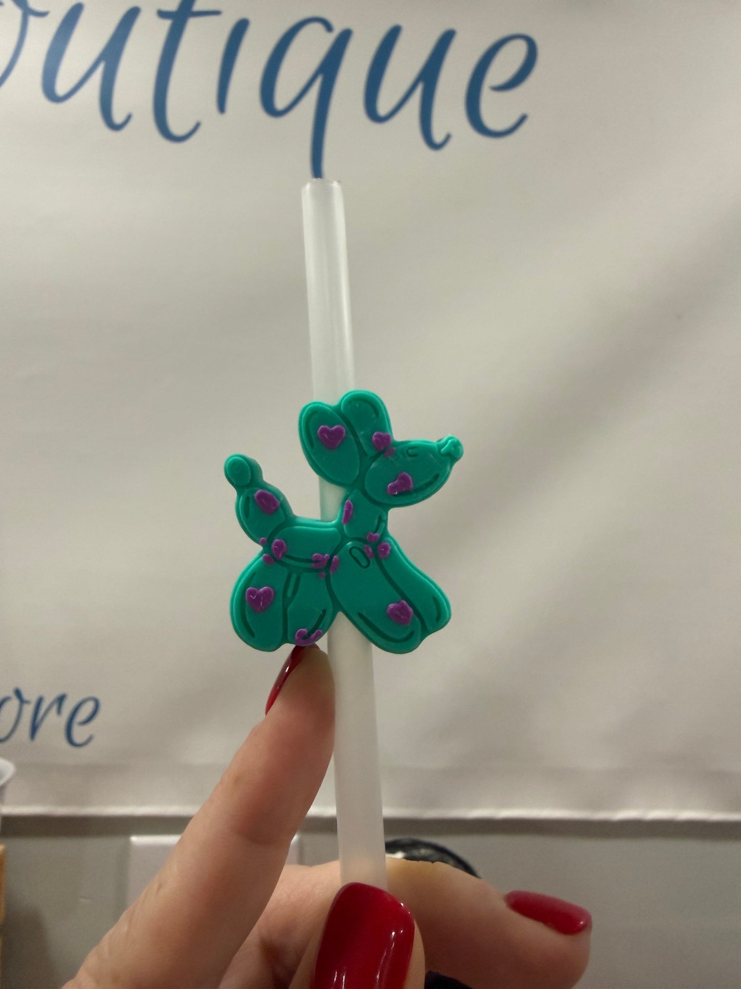 3D Printed Straw Charm Teal Balloon Dog with Purple Hearts