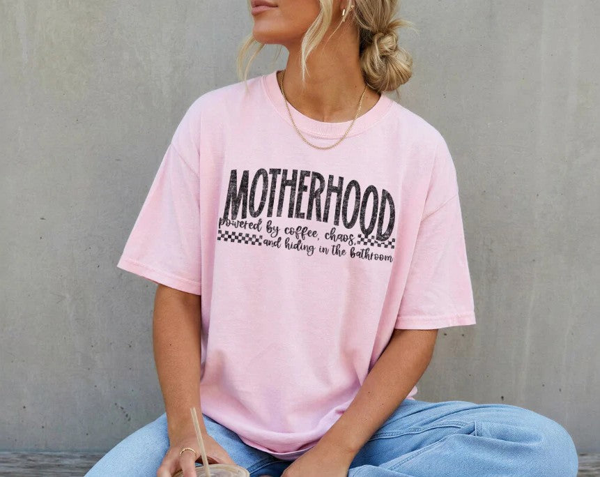 SINGLE COLOR SCREEN PRINT TRANSFER - MOTHERHOOD POWERED BY COFFEE