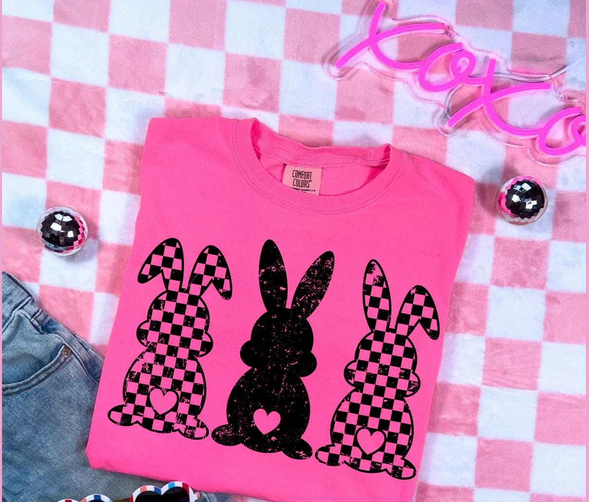SINGLE COLOR SCREEN PRINT TRANSFER - THREE BUNNIES CHECKERED